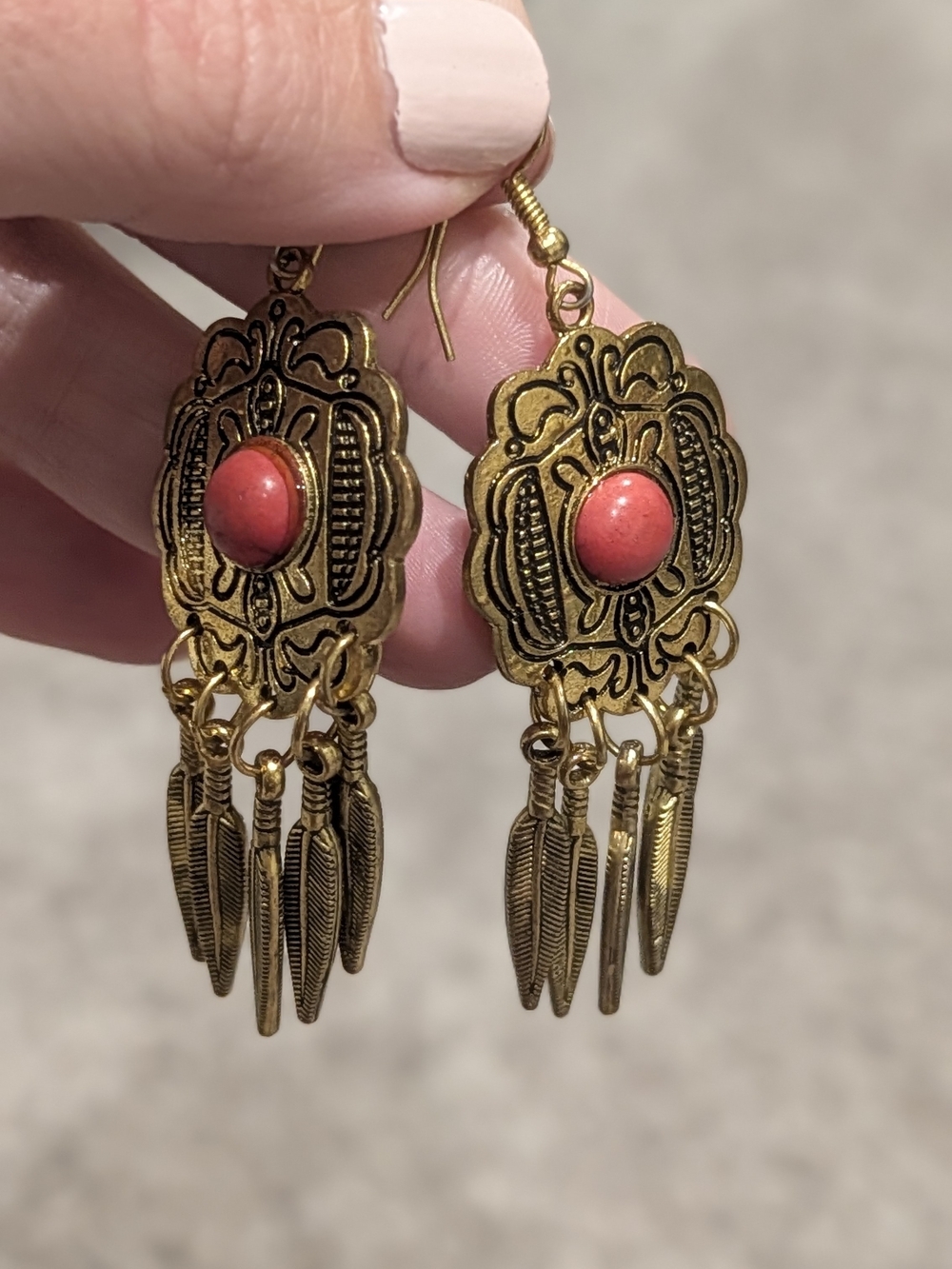 Gold-Tone Filigree Drop Earrings with Coral Accent